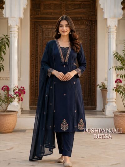 Navy Blue Embroidered Kurta Set with Dupatta | Premium Ethnic Wear