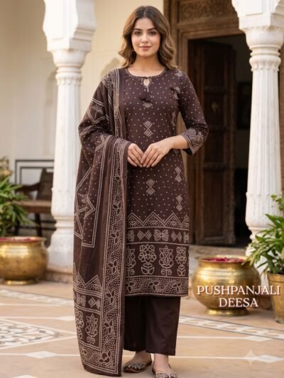 Chocolate Brown Bandhani Printed 3-Piece Set