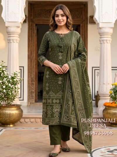 Olive Green Bandhani Printed 3-Piece Set
