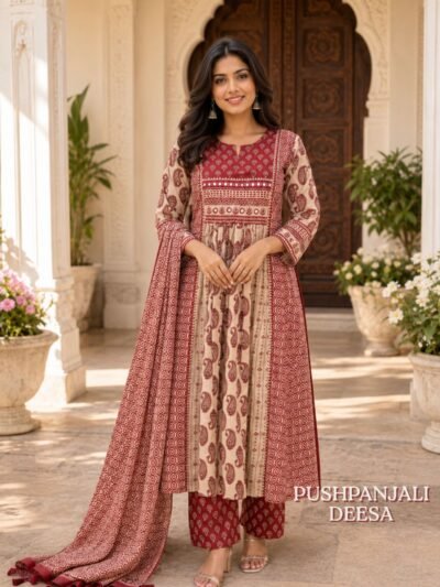 Maroon & Beige Printed Kurta Pant Set with Dupatta