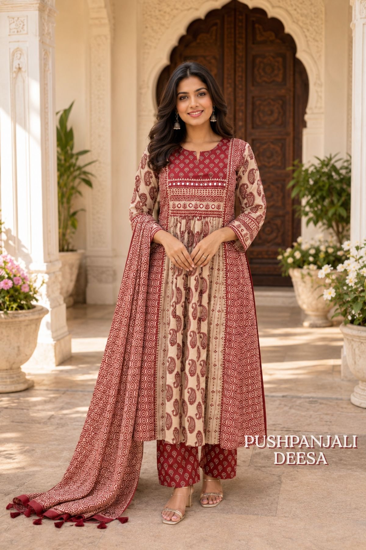 Maroon & Beige Printed Kurta Pant Set with Dupatta