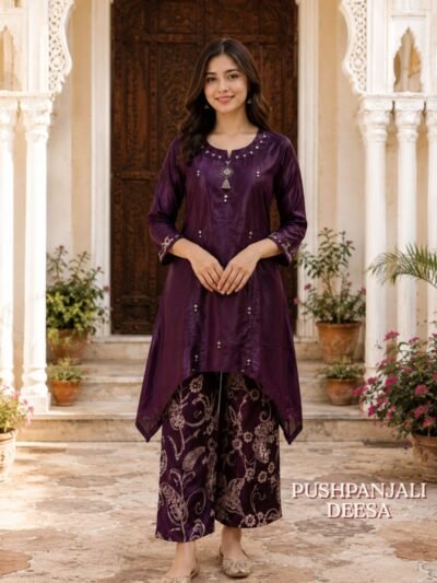 Wine Gaggy Silk Embroidered Co-Ord Set