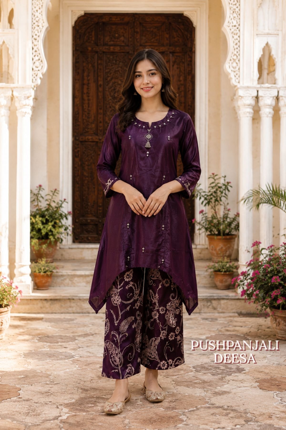Wine Gaggy Silk Embroidered Co-Ord Set