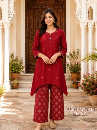 Women's Red Gaggy Silk Embroidered Co-Ord Set
