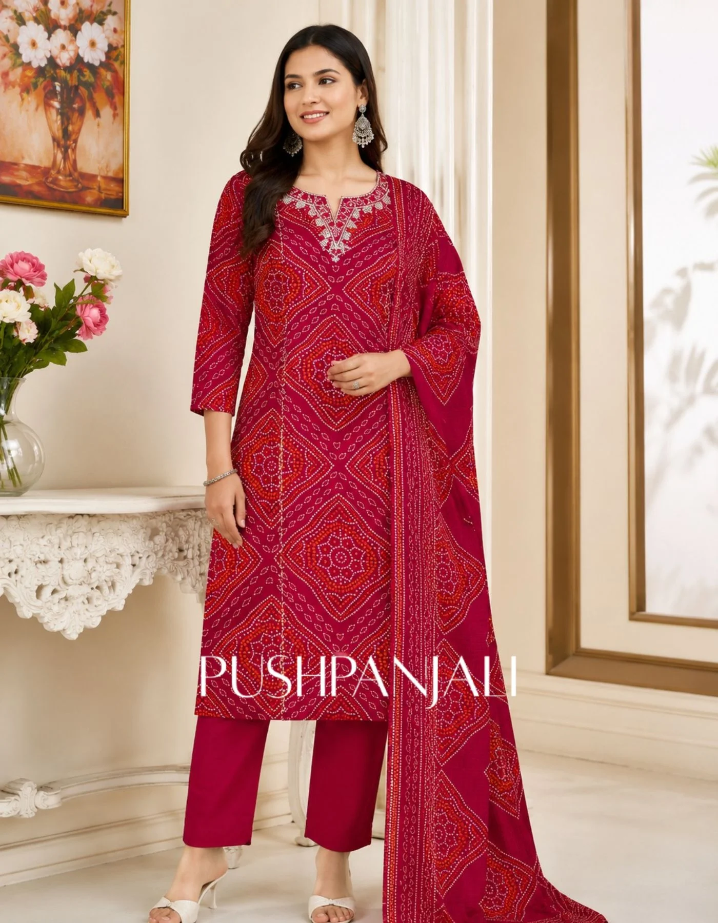 Rani Pink Bandhani Printed 3-Piece Set