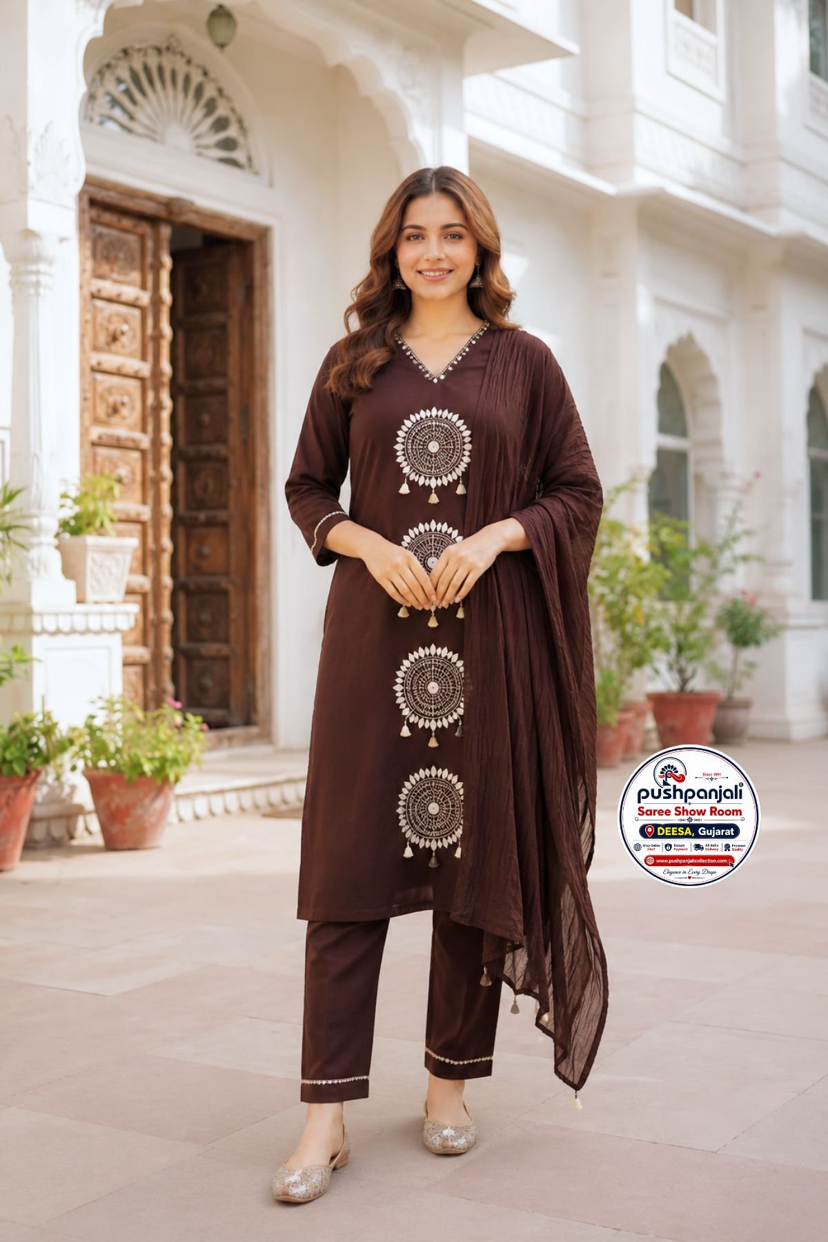 Coffee Brown Embroidered Kurta Set with Dupatta | Premium Ethnic Wear - Image 2