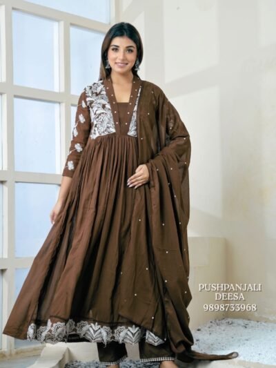 Chocolate Brown Mul Cotton Embroidered Kurta Pant