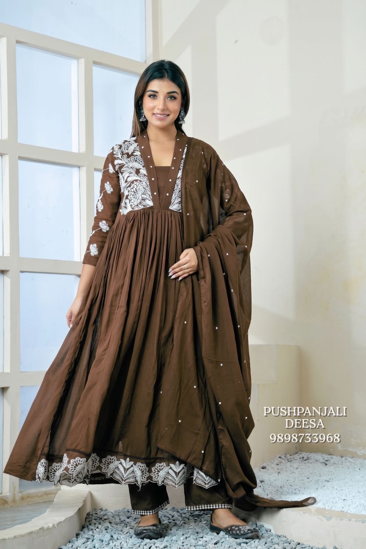 Chocolate Brown Mul Cotton Embroidered Kurta Pant
