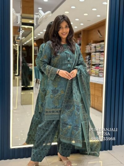 Teal Blue Printed Cotton Salwar Suit Set