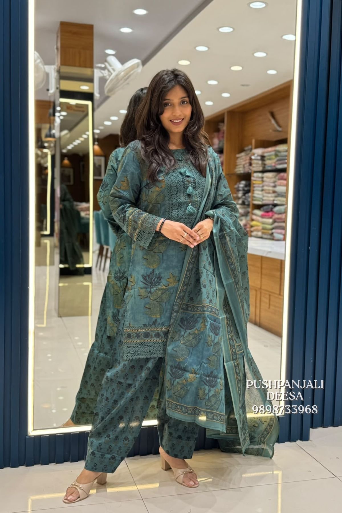 Teal Blue Printed Cotton Salwar Suit Set