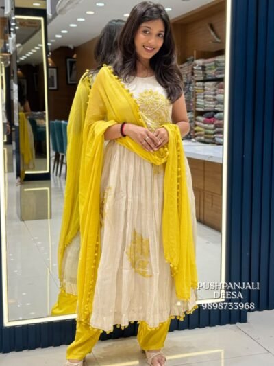 Lemon Yellow Mul Cotton Embroidered Anarkali Suit Set
