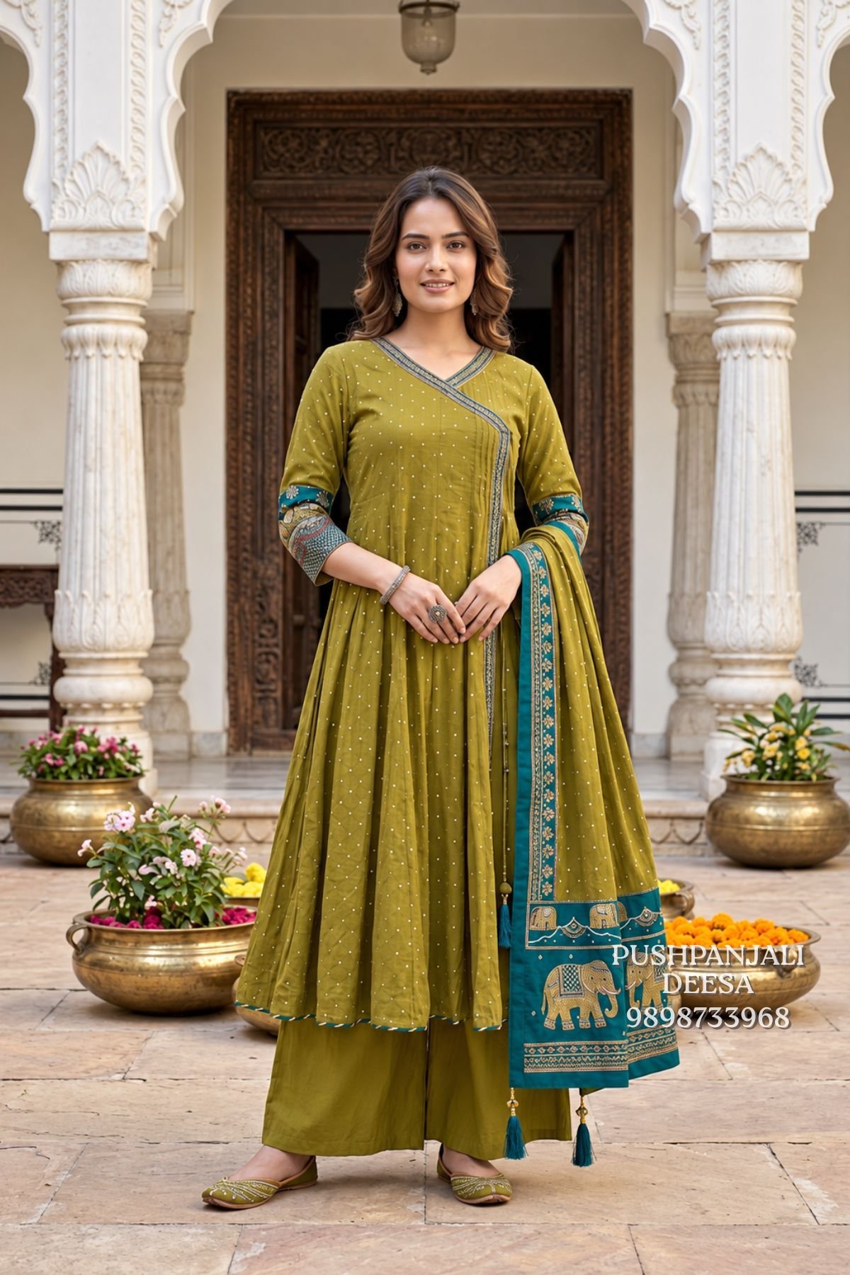 Olive Green Mul Chanderi Embroidered Anarkali Set - Image 3
