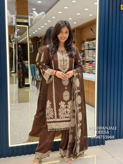 Chocolate Brown Embroidered Pure Chinon Suit Set