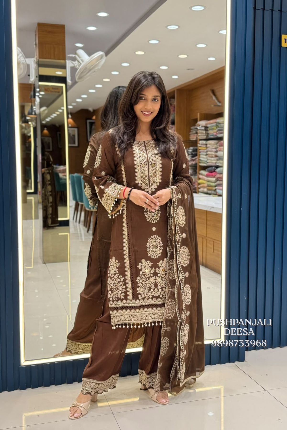 Chocolate Brown Embroidered Pure Chinon Suit Set