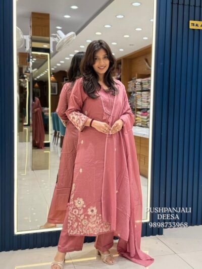 Pink Floral Embroidered Pure Cotton Suit Set