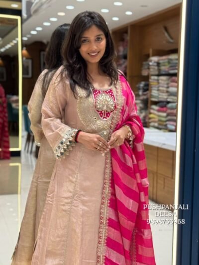 Peach Embroidered Straight Kurta Pant Suit Set with Pink Dupatta