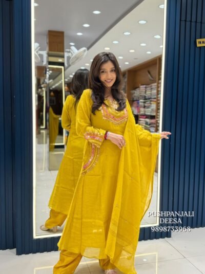 Mustard Yellow Embroidered Mul Chanderi Kurta Pant Set with Dupatta