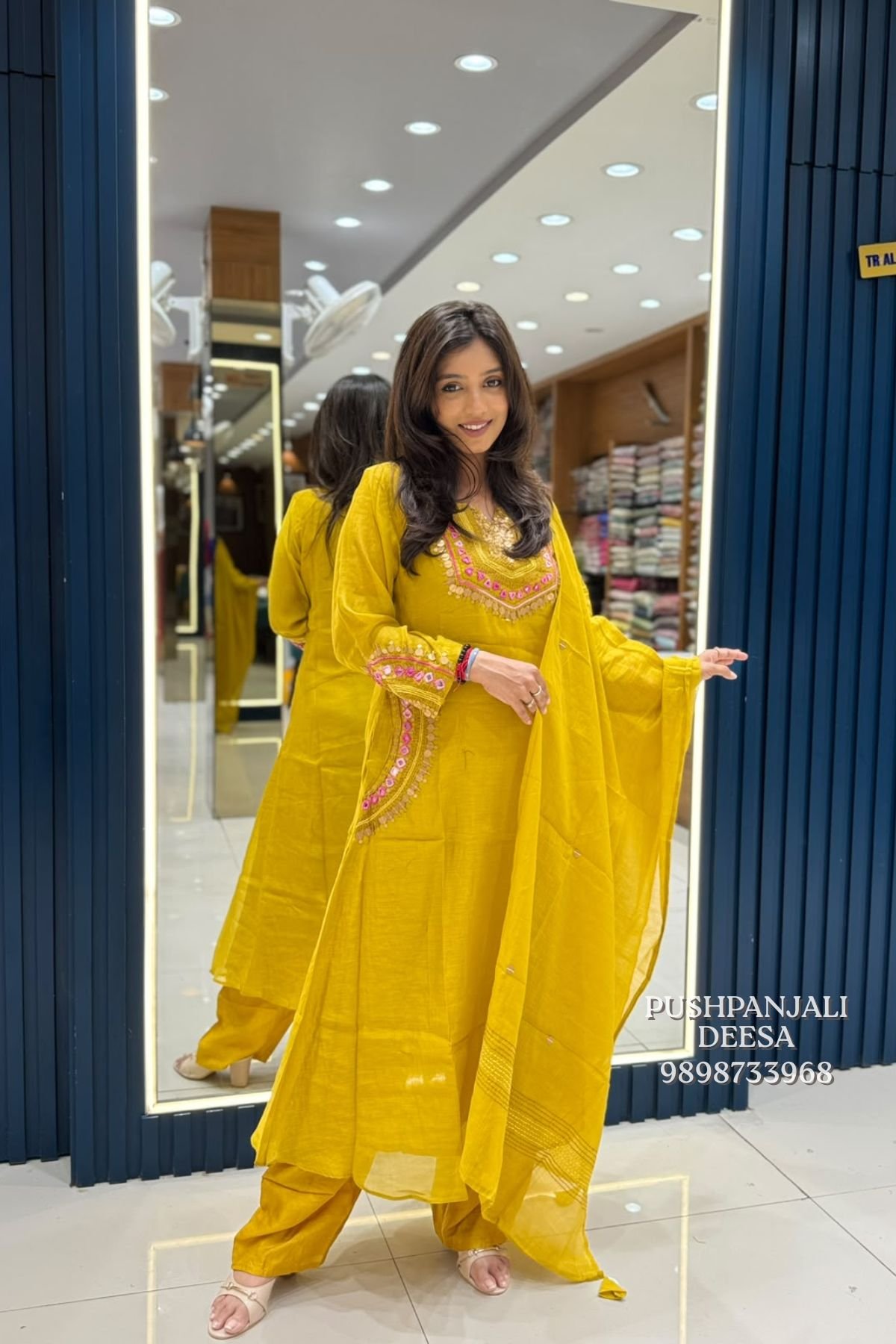 Mustard Yellow Embroidered Mul Chanderi Kurta Pant Set with Dupatta