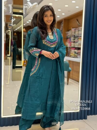 Teal Blue Embroidered Mul Chanderi Kurta Pant Set with Dupatta