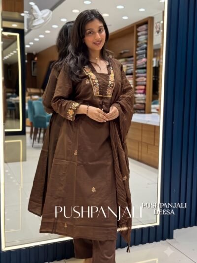 Chocolate Brown Embroidered Pure Cotton Kurta Pant Set with Dupatta