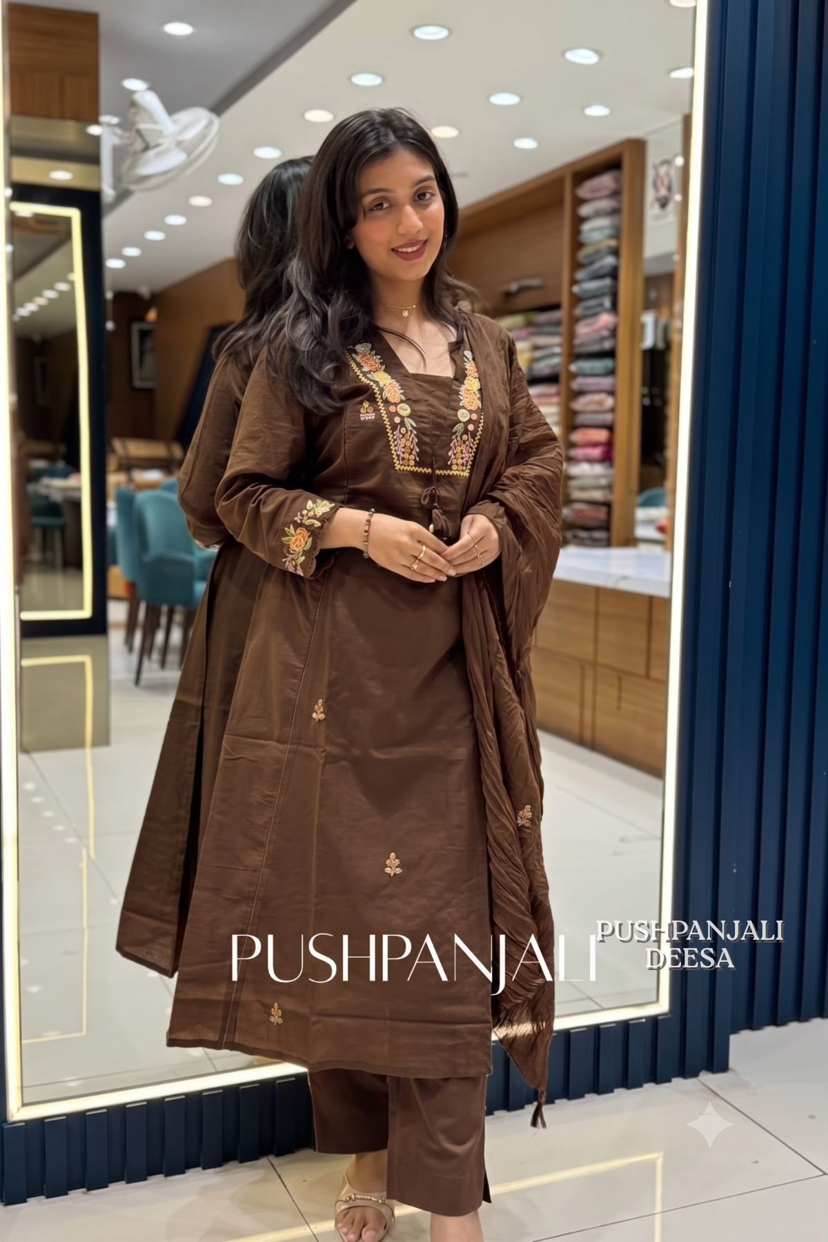 Chocolate Brown Embroidered Pure Cotton Kurta Pant Set with Dupatta