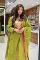 Olive Green Embroidered Mul Chanderi Kurta Pant Set with Dupatta