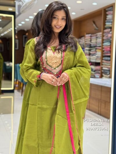 Olive Green Embroidered Mul Chanderi Kurta Pant Set with Dupatta