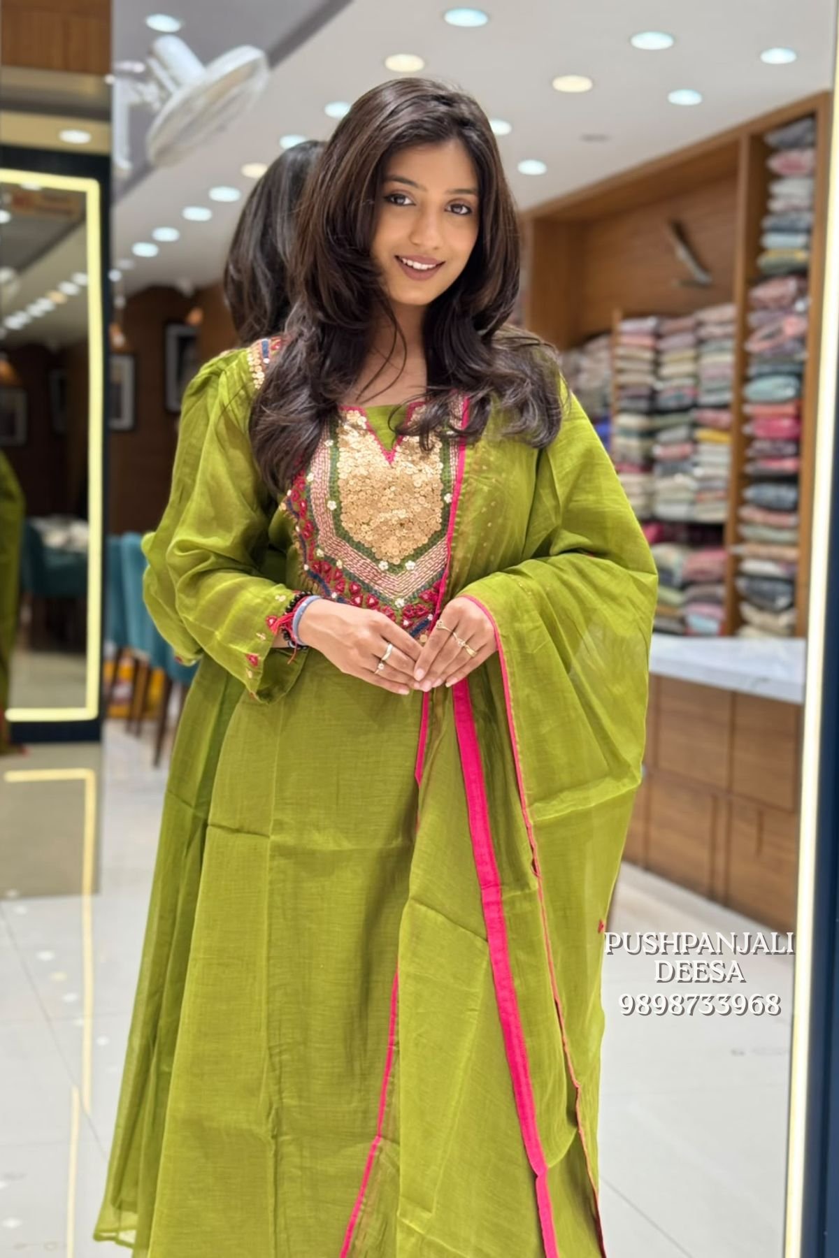 Olive Green Embroidered Mul Chanderi Kurta Pant Set with Dupatta