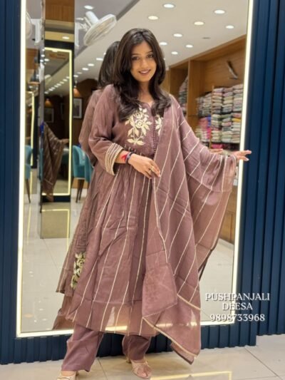 Mauve Brown Embroidered Mul Chanderi Kurta Pant Set with Striped Dupatta