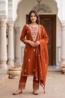 Rust Orange Embroidered Cotton Straight Kurta Pant Set with Dupatta