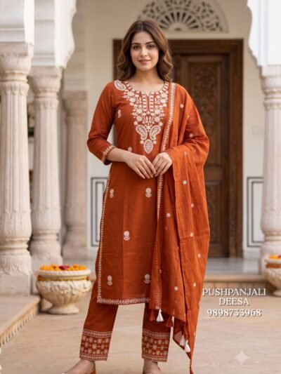 Rust Orange Embroidered Cotton Straight Kurta Pant Set with Dupatta