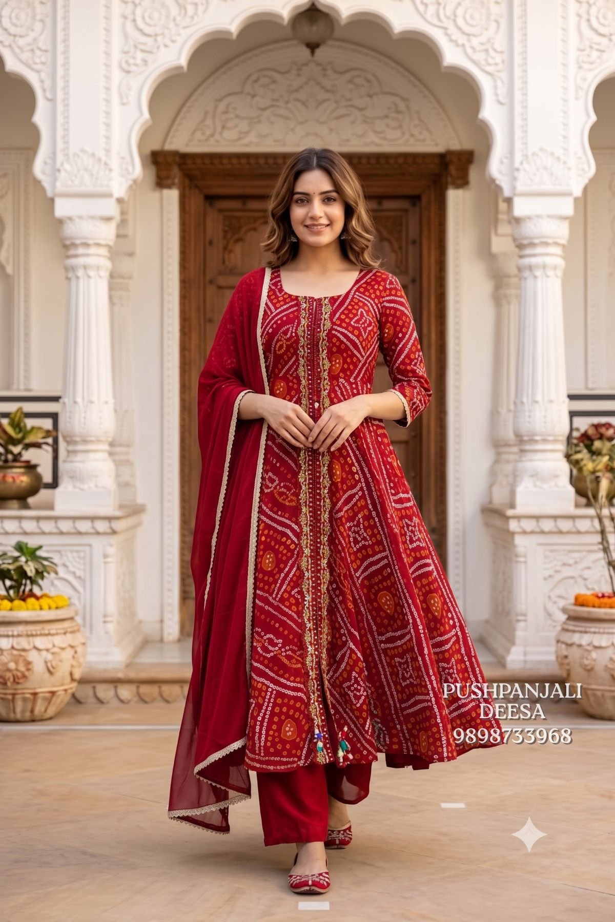 Red Bandhani Print Anarkali Kurta Pant Set with Dupatta - Image 2