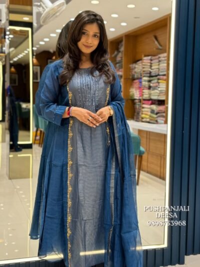 Navy Blue Embroidered Anarkali Kurta Pant Set with Dupatta
