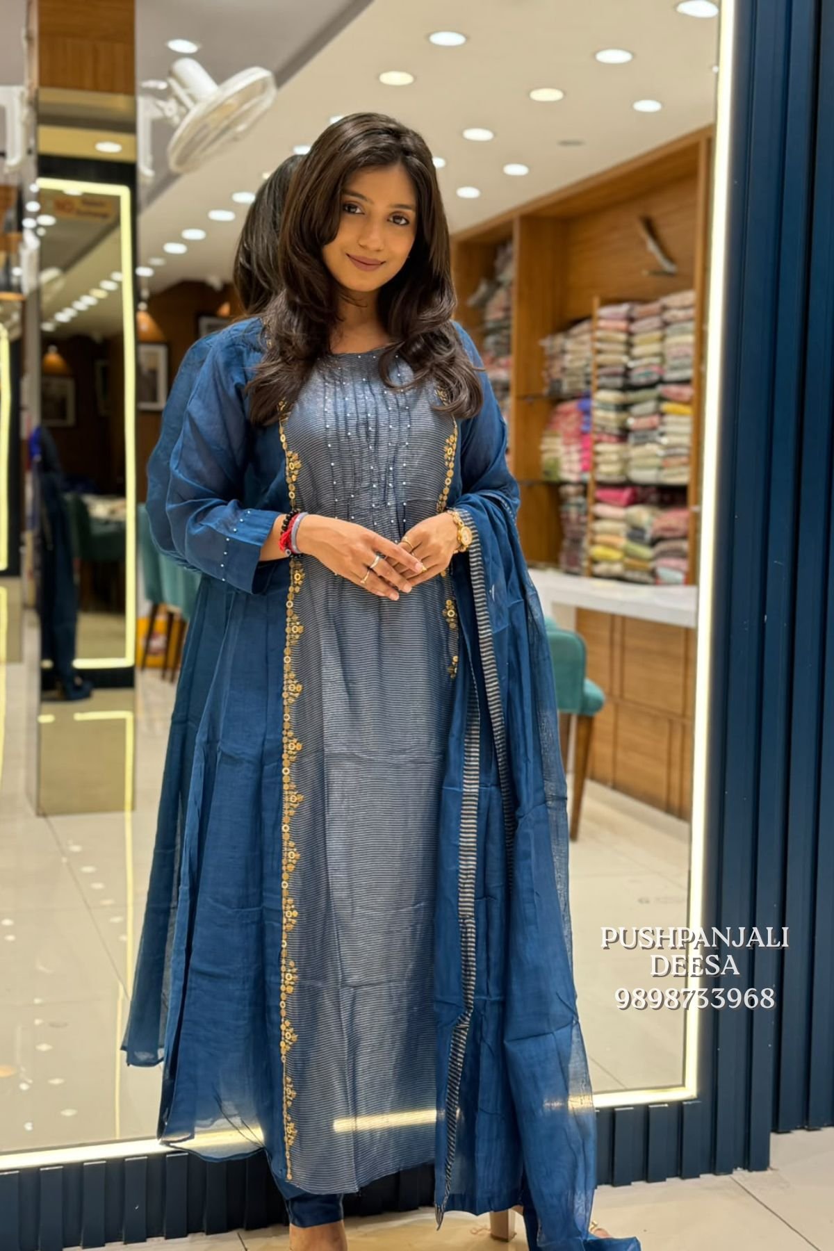 Navy Blue Embroidered Anarkali Kurta Pant Set with Dupatta