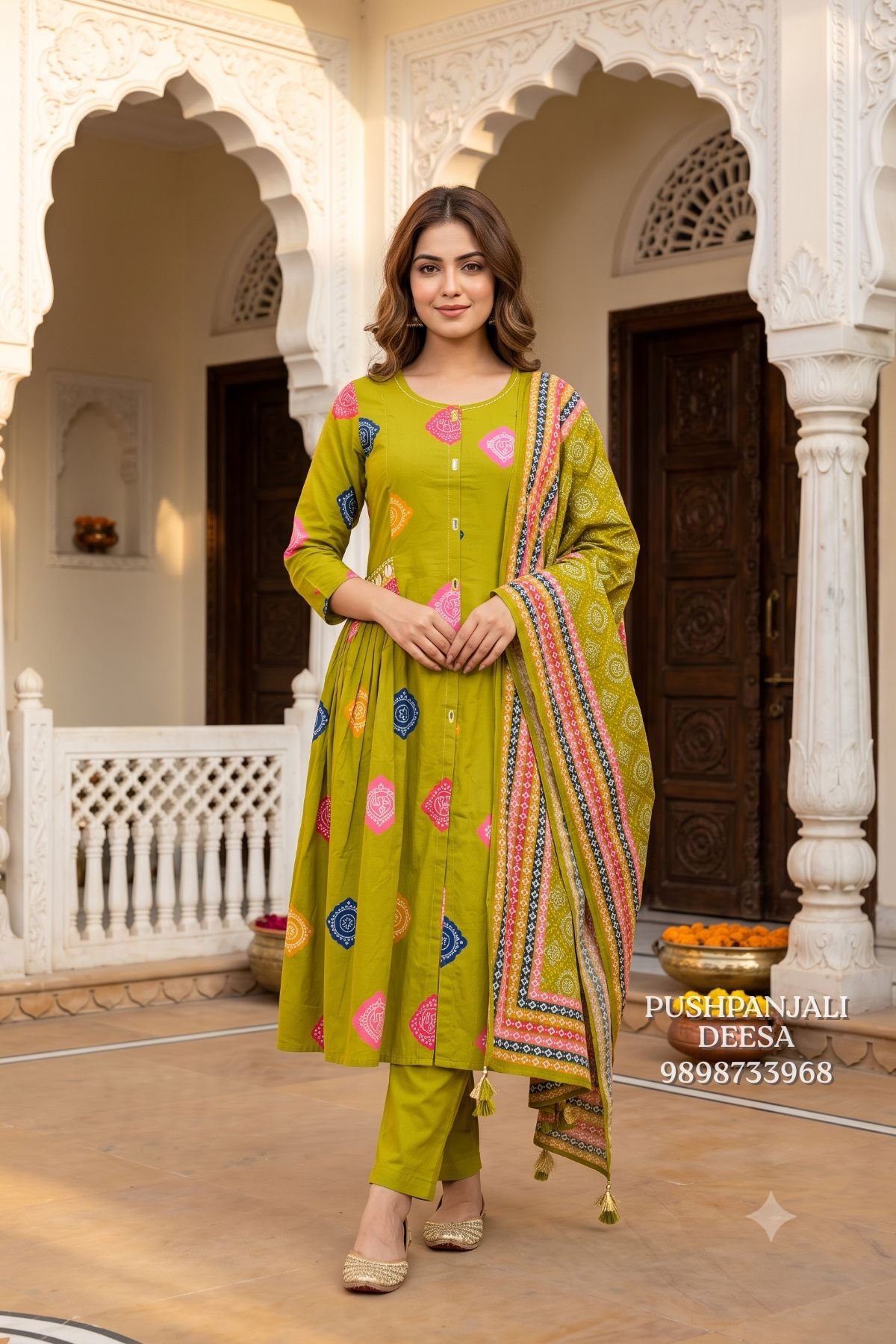 Olive Green Multicolor Printed Kurta Pant Set with Dupatta