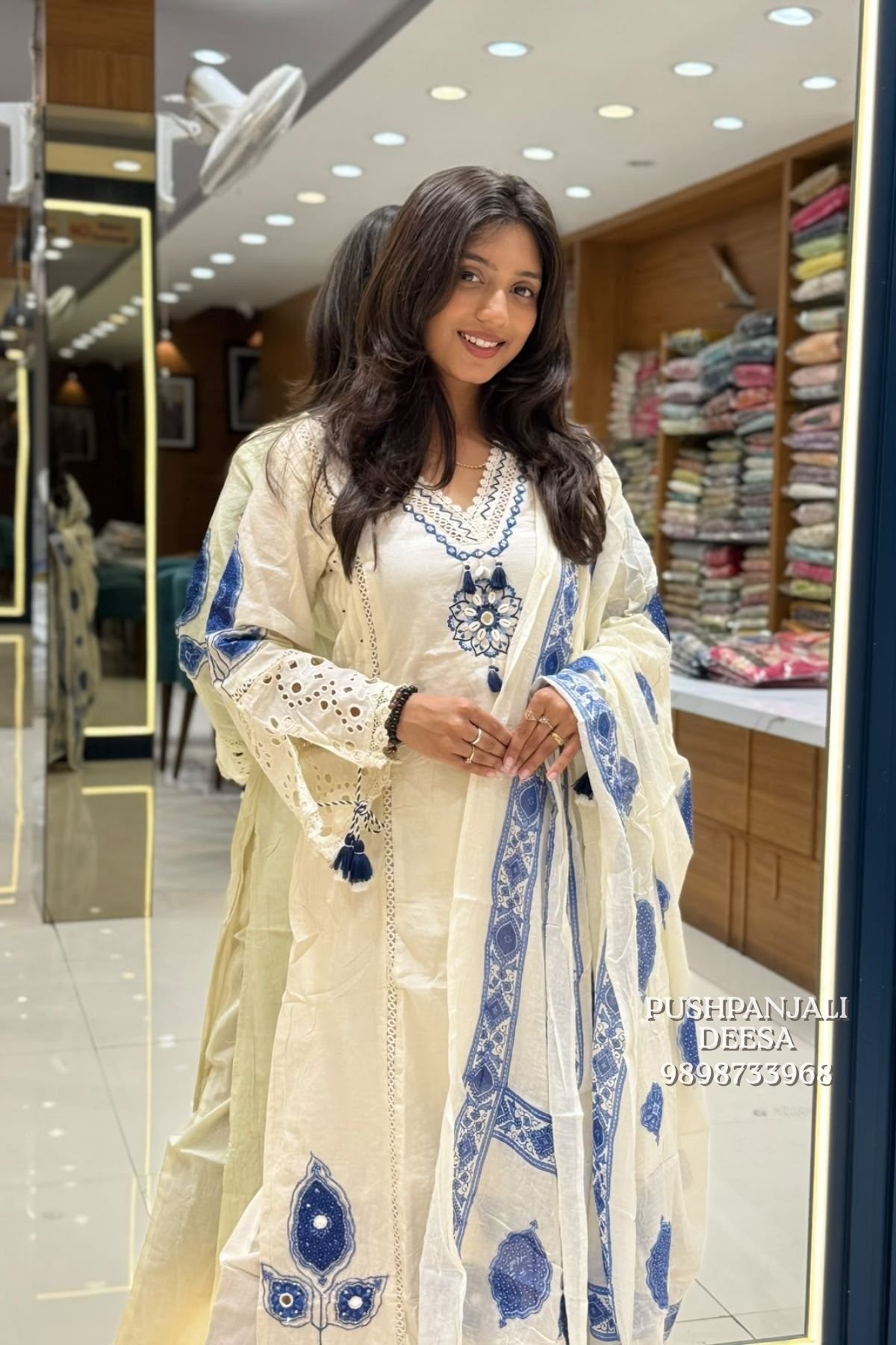 Cream & Blue Printed Kurta Pant Set with Dupatta - Image 2