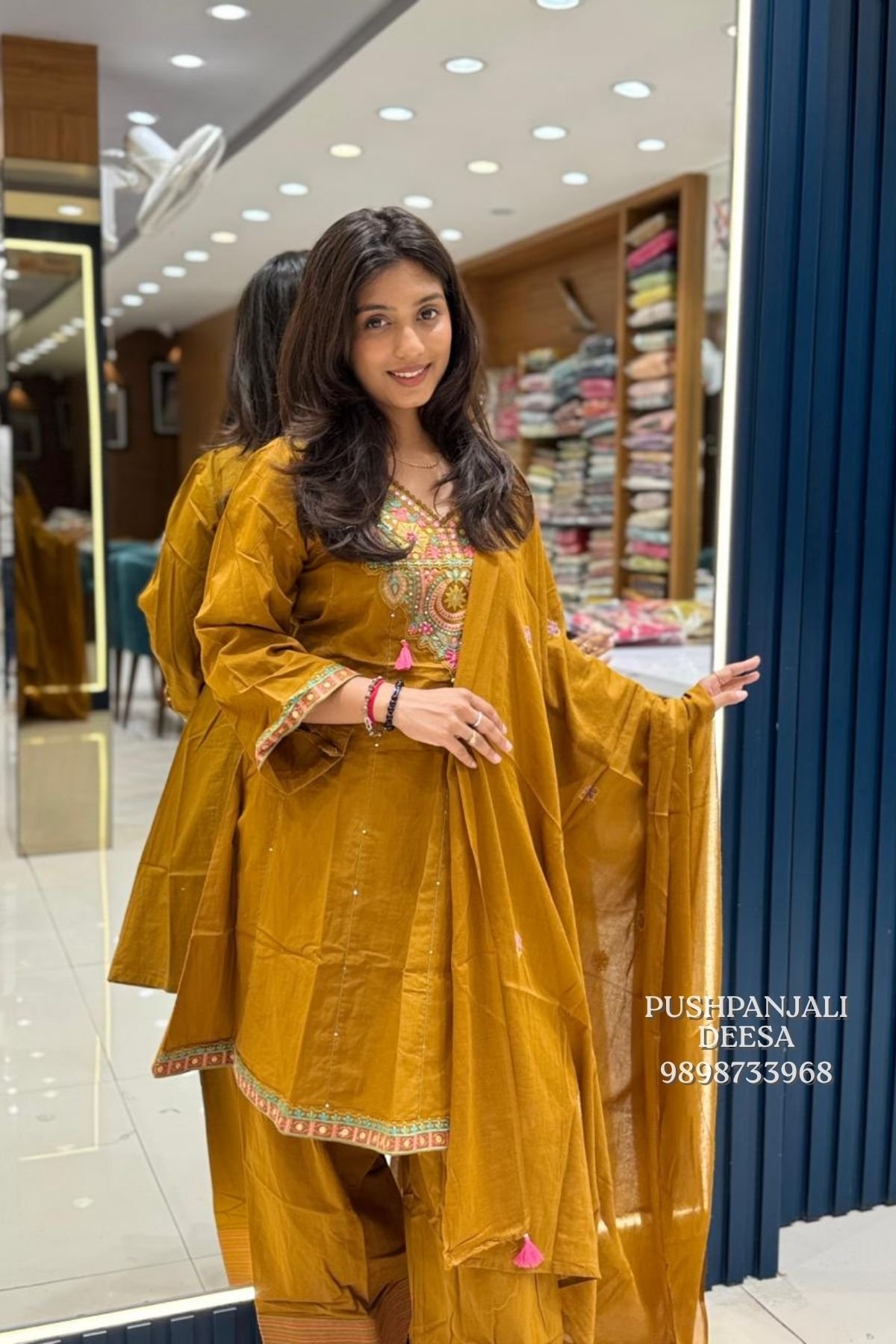 Mustard Yellow Embroidered Kurta Farshi Salwar Set with Dupatta - Image 2