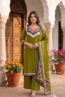 Olive Green Gaggy Silk Printed Suit Set