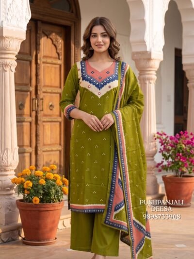 Olive Green Gaggy Silk Printed Suit Set