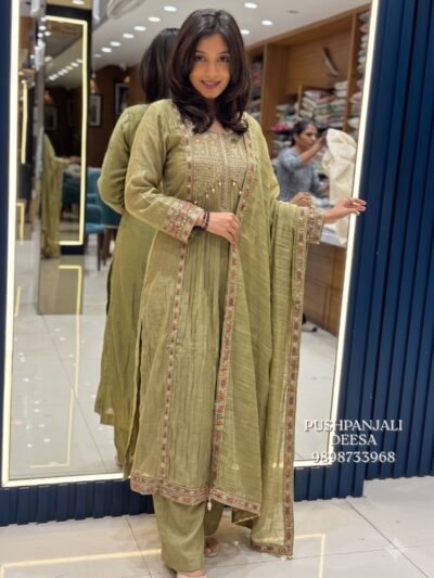 Olive Green Embroidered Kurta Pant Dupatta Set