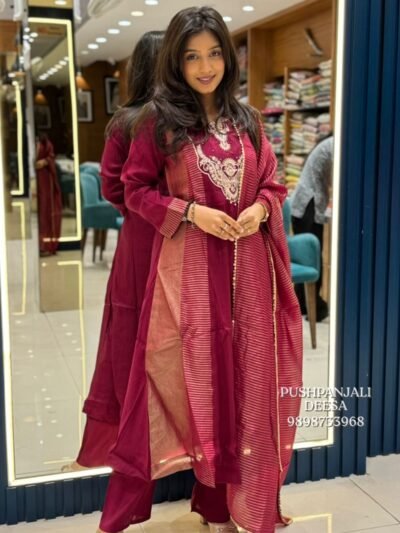 Wine Embroidered Kurta Pant Dupatta Set