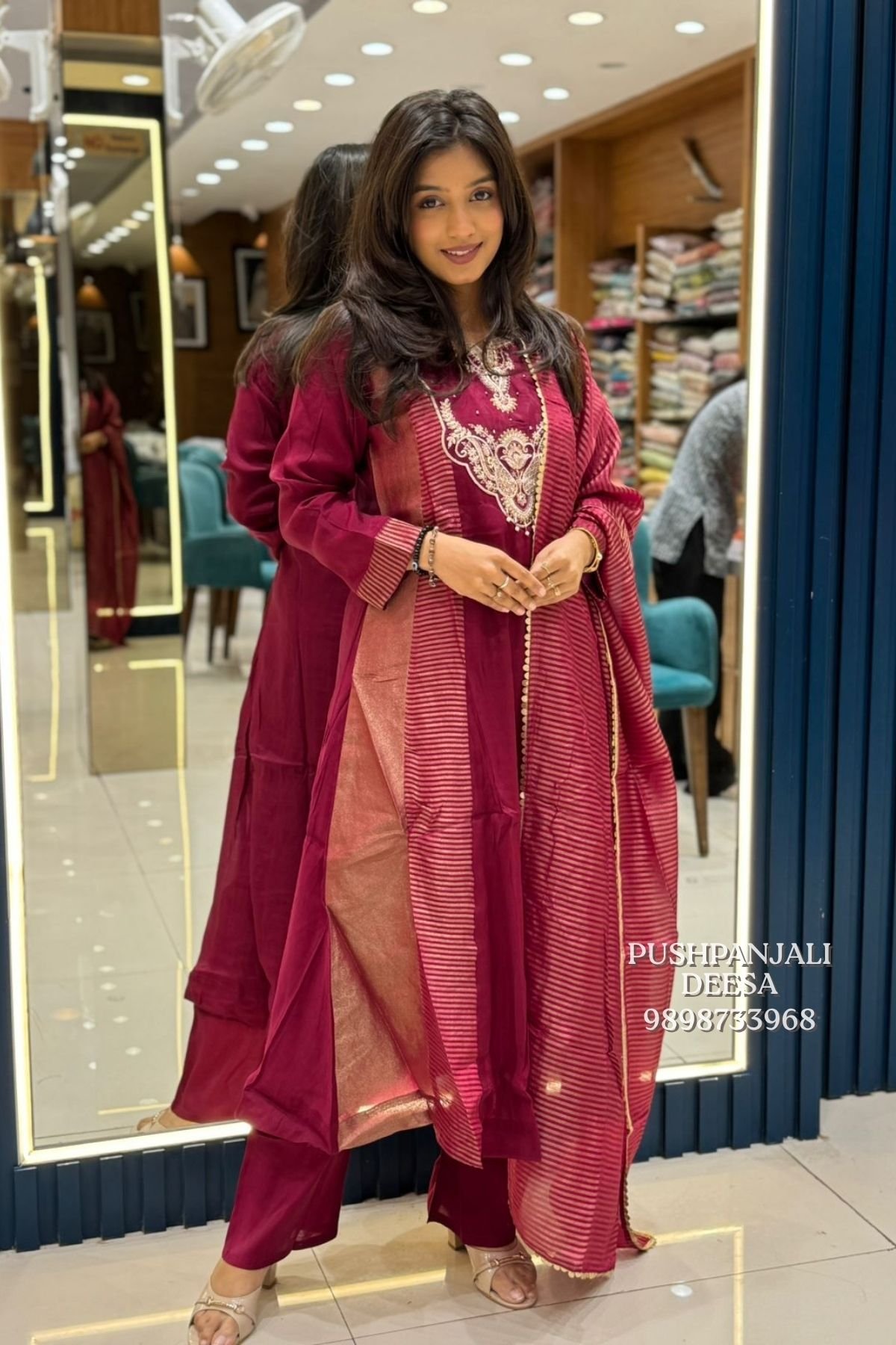 Wine Embroidered Kurta Pant Dupatta Set