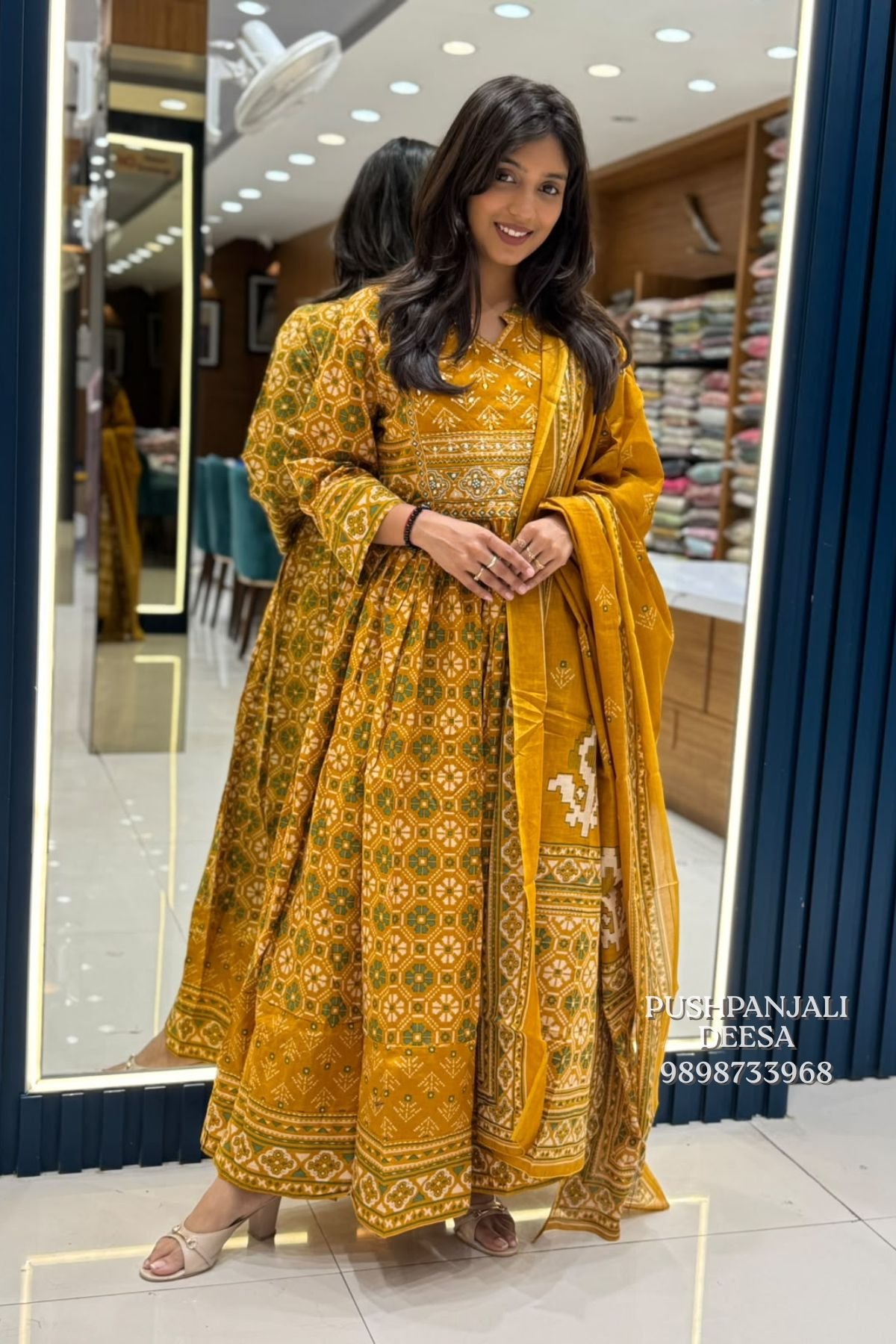 Mustard Yellow Printed Cotton Anarkali Suit Set