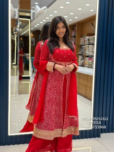 Red Bandhani Printed Embroidered Anarkali Palazzo Set