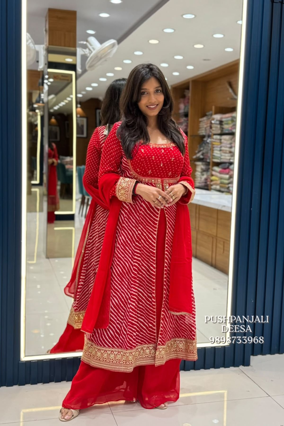 Red Bandhani Printed Embroidered Anarkali Palazzo Set