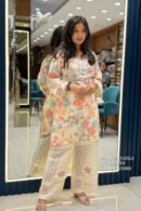 Cream Floral Printed Embroidered Kurta Palazzo Set