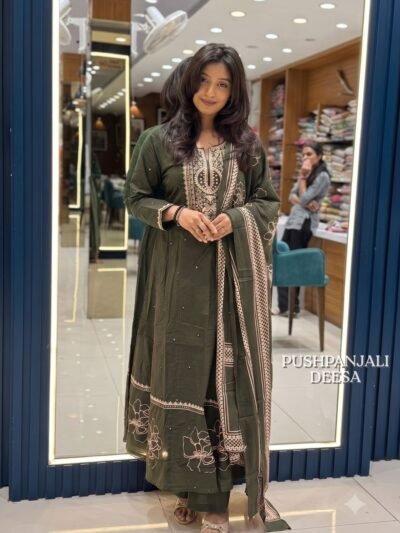 Olive Green Embroidered Kurta Pant Dupatta Set