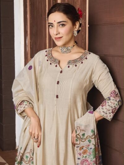 Cream Floral Embroidered Straight Kurta Pant Set