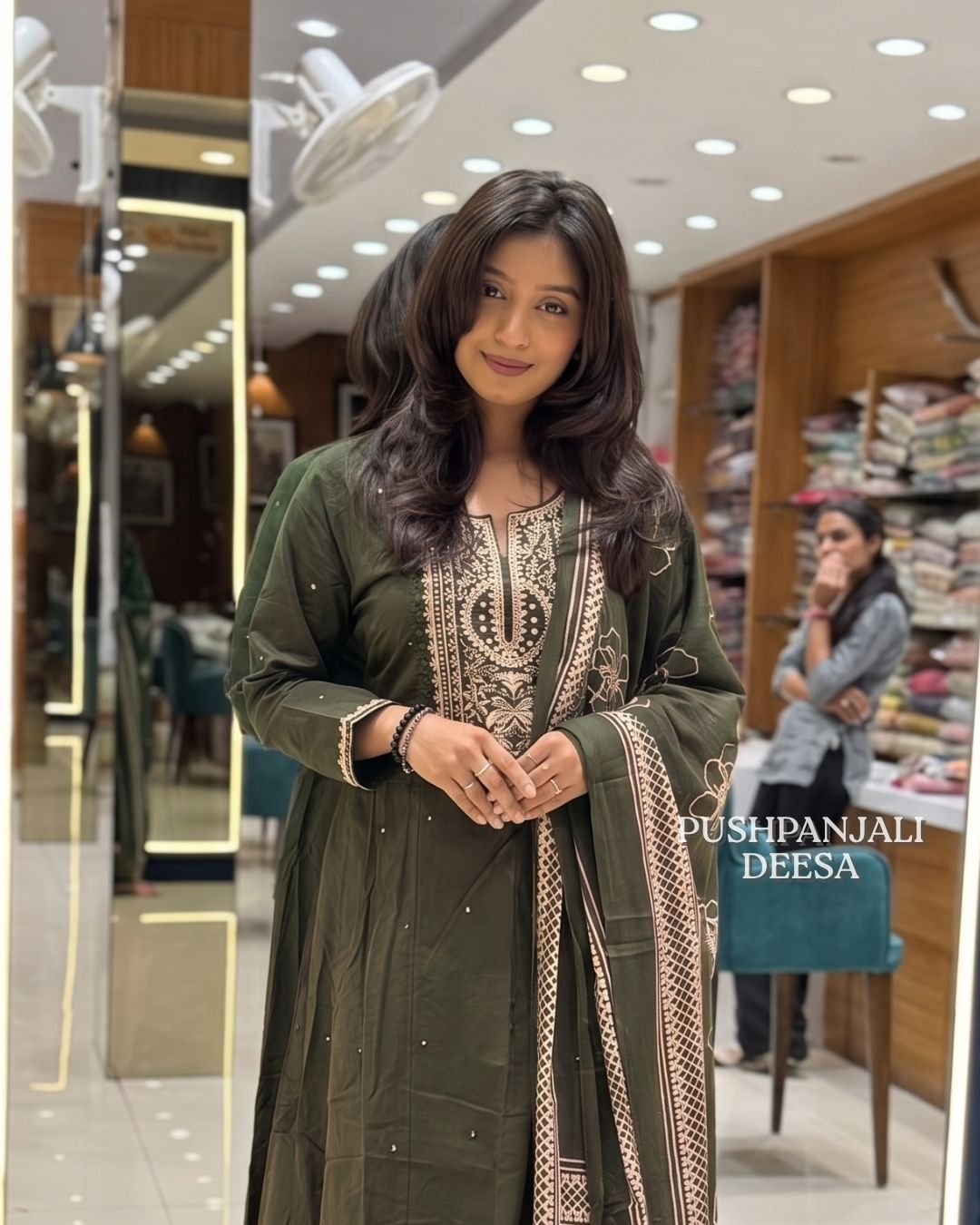 Olive Green Embroidered Kurta Pant Dupatta Set - Image 2