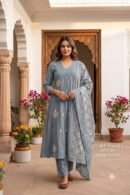 Dusty Blue Cotton Embroidered Kurta Pant Dupatta Set